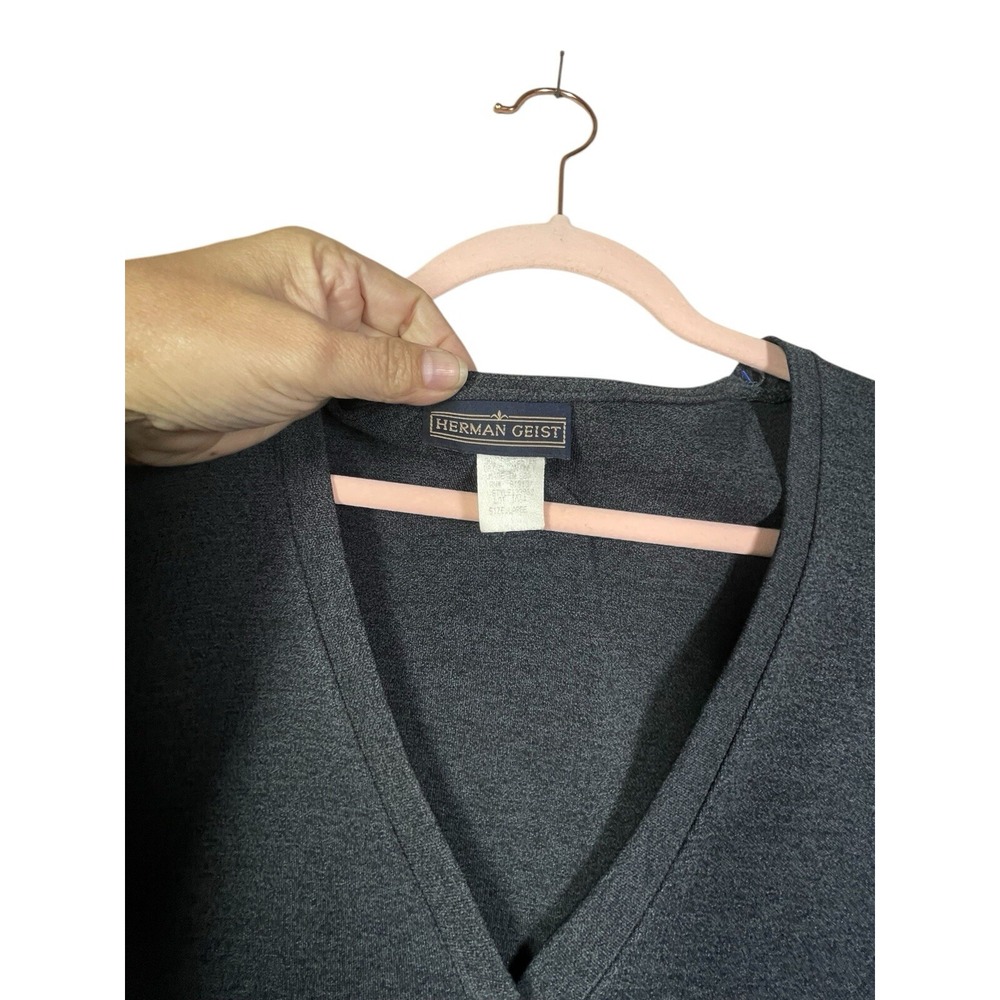 Herman Geist Womens Large Charcoal Gray Single Button V-Neck Cardigan Sweater - Picture 3 of 8